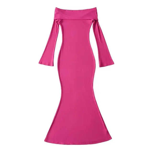 Women Off Shoulder Knitted Dress Long Sleeve Slim Elegant Stretchable 5 Colors Midi Dresses