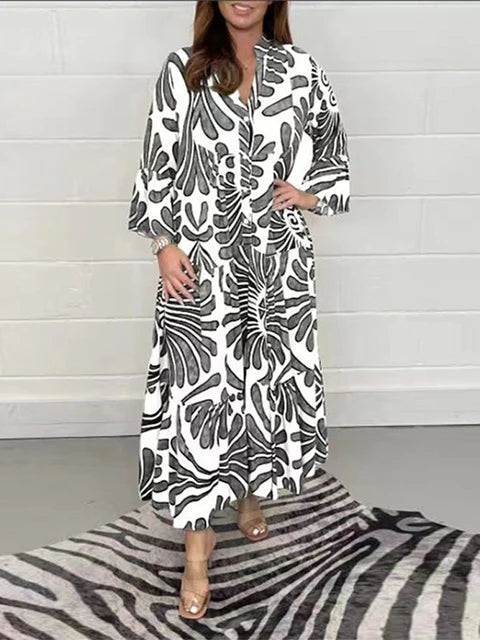 Loose Vintage Print Flare Sleeve Women's Dress Casual V Neck Buttons Patchwork Party Midi Dresses Elegant Spring Autumn Vestidos