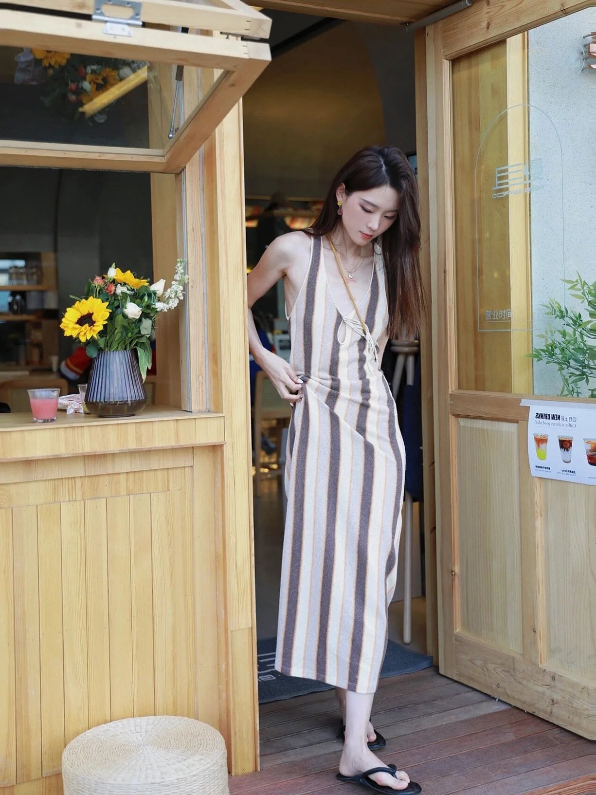 summer knitted midi long straight loose tank dresses for women streetwear chic casual stripe v-neck dress lady robe femme