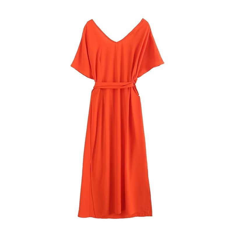 Fashion Woman Solid Midi Long Dress V Neck Short Sleeve Side Split Dresses Robe Summer Thin Red