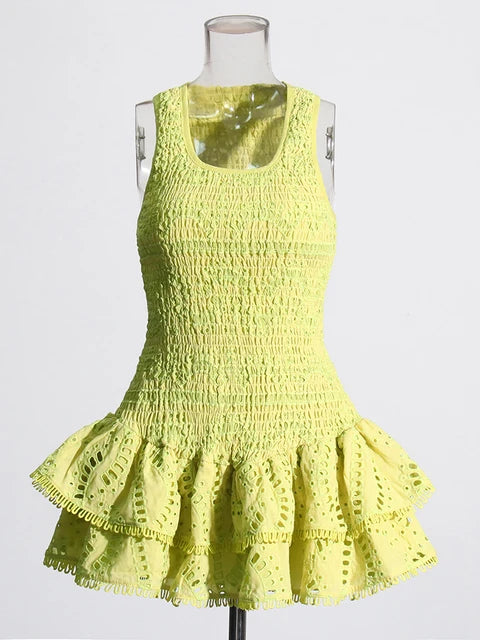 Solid Slimming Mini Dress For Women Round Neck Sleeveless High Waist Temperament A Line Dresses Female Fashion New