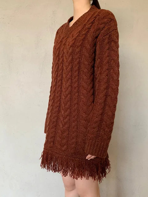 Fashion Women Knitted Dress V-neck Long Sleeve Tassel Mid Waist Weaving Stripes Mini Dresses Spring