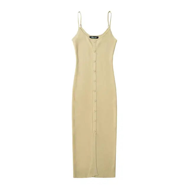 Summer Single Breasted Rib Knitted Dress Women Spaghetti Strap Midi Split Dresses