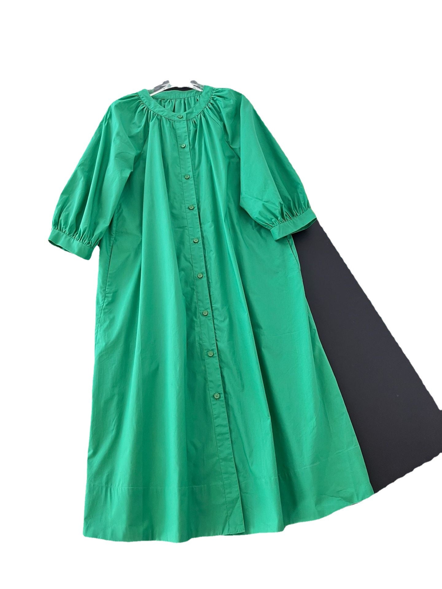Soild Casual Dresses For Women Round Neck Puff Sleeve High Waist Patchwork Single Breasted Loose A Line Midi Dress Female