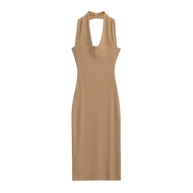 Summer Sexy Halter Deep V-neck Midi Dress Women Backless Knits Elastic Slim Dresses