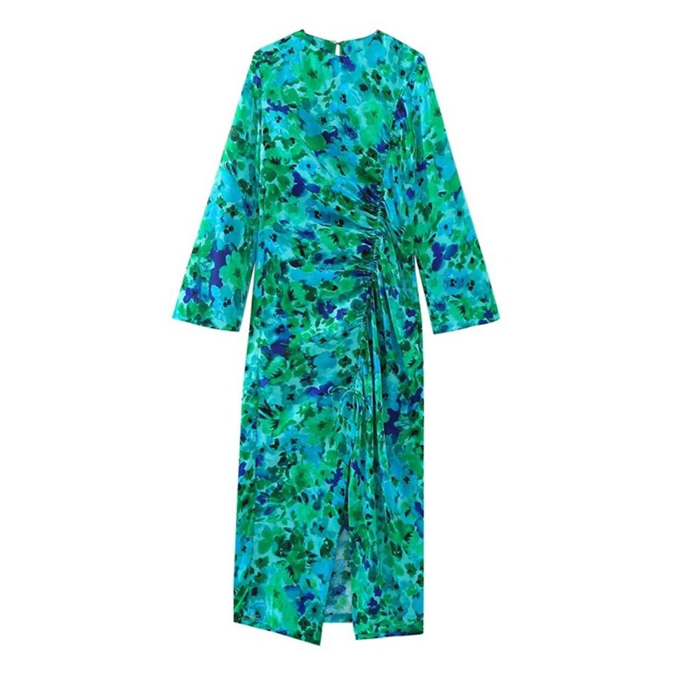 TRAF Women Fashion Front Ruched With Tied Floral Print Midi Dress Vintage O Neck Long Sleeve Female Dresses Vestidos Mujer