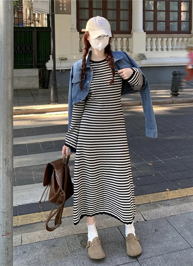 Elegant Workwear Striped Knit Long Maxi Dress Women Spring Flare Sleeve O-neck Dresses Casual Fashion Basic Vestidos Mujer