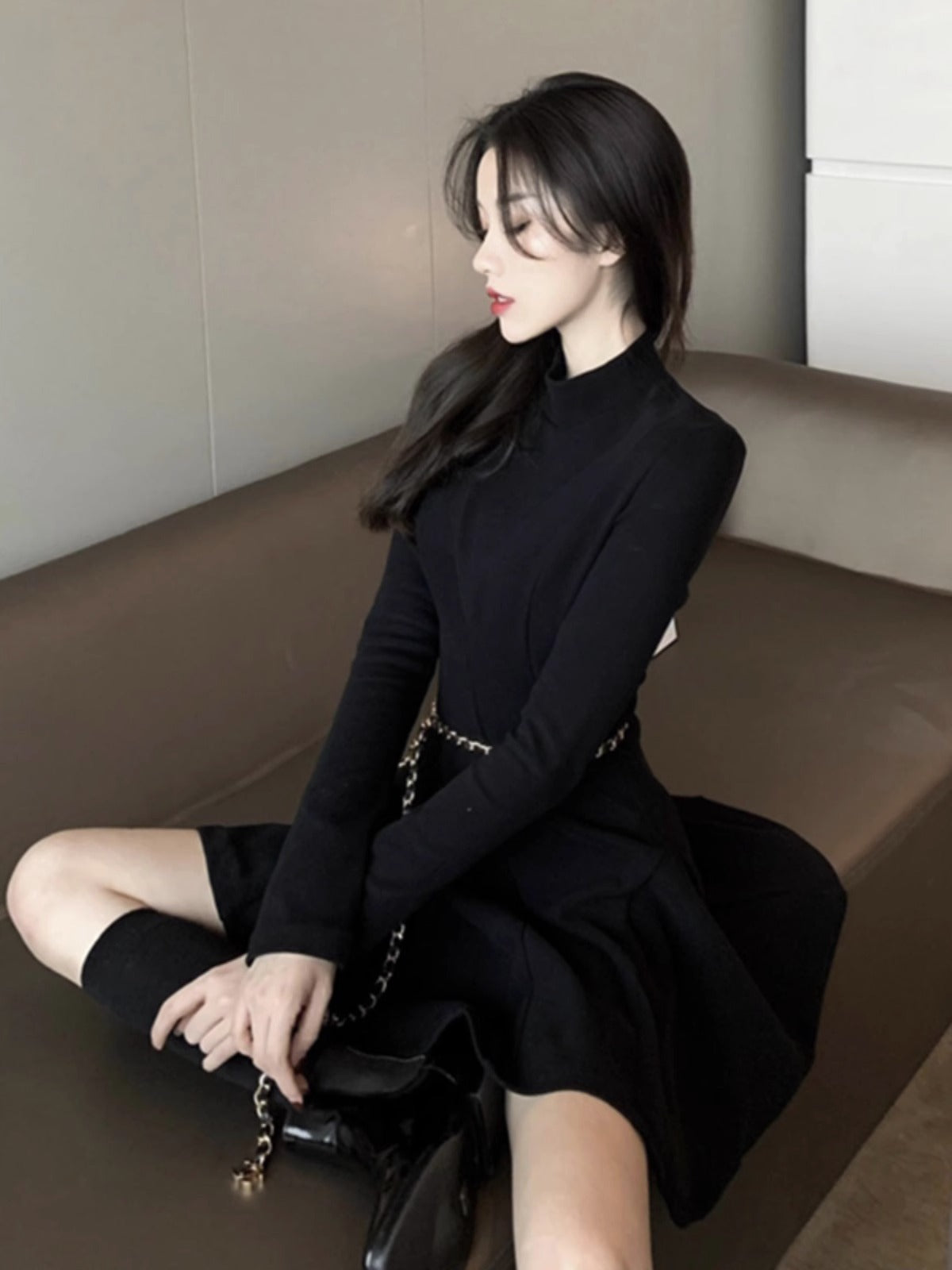 Fashion Women's Dress Round Collar Long Sleeves Waist Ruffles Pleats A-line Solid Color Mini Dresses Autumn