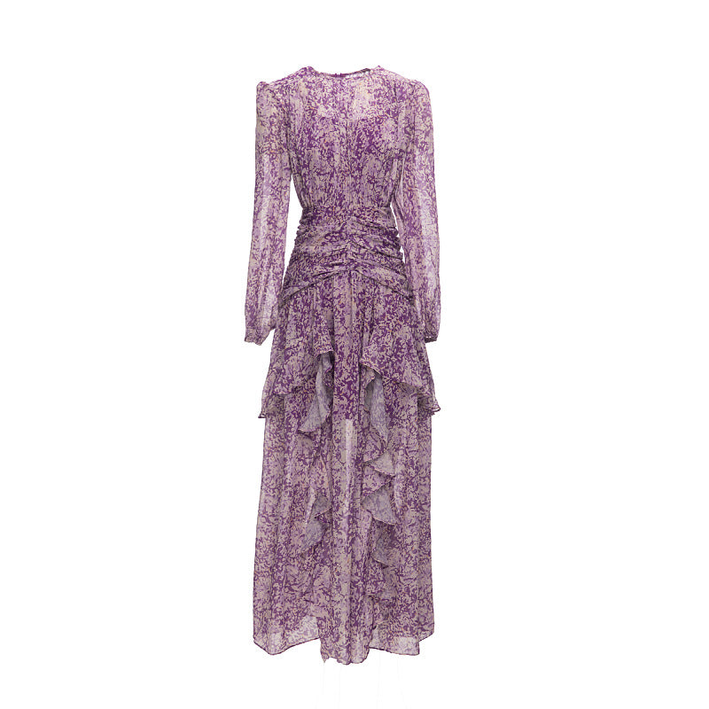 Ruffle Trim Ruched Dress For Women Round Neck Lantern Sleeve High Waist Solid Midi Dresses Female Autumn Clothing