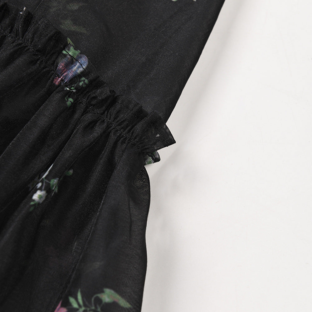 Vintage Printing Lace-up Lantern Sleeve Maxi Dress For Women O-neck Loose Holiday Dresses Summer New Clothing