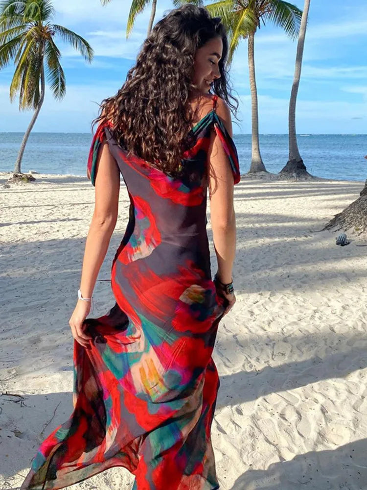 Women Summer Elegant Print Slip Mesh See Through Maxi Dress Beach Holiday Sleeveless Party Dresses Vestidos