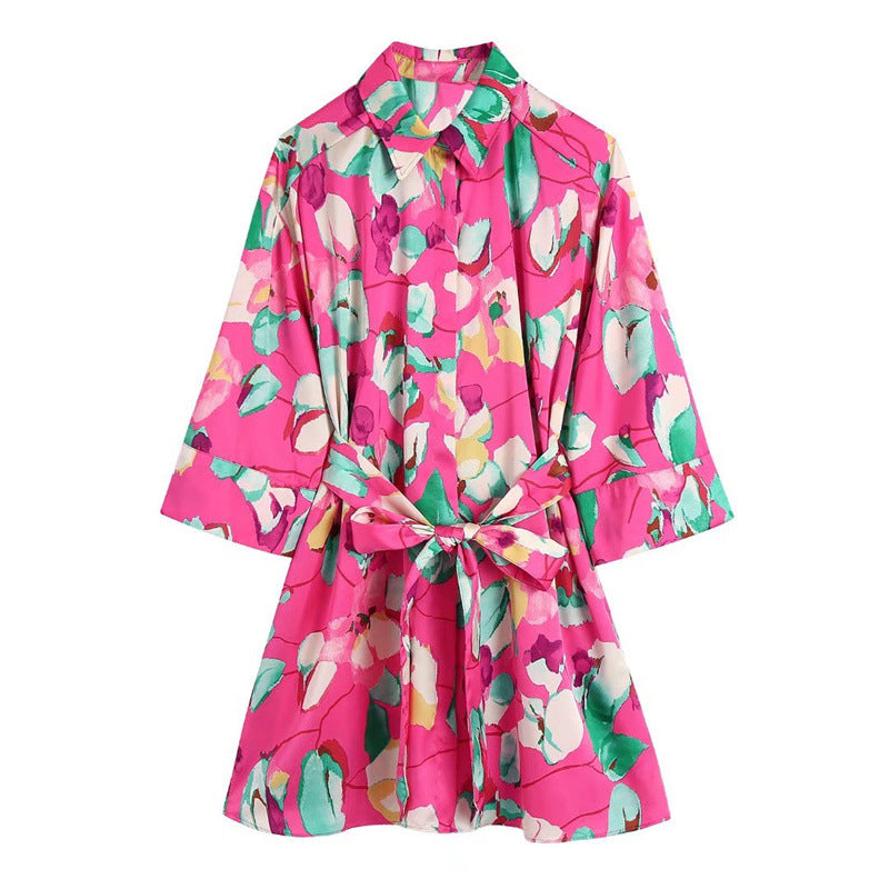 Women Dress Traf Fashion With Belt Floral Print Mini Dress Vintage Long Sleeve Female Elegant Dresses