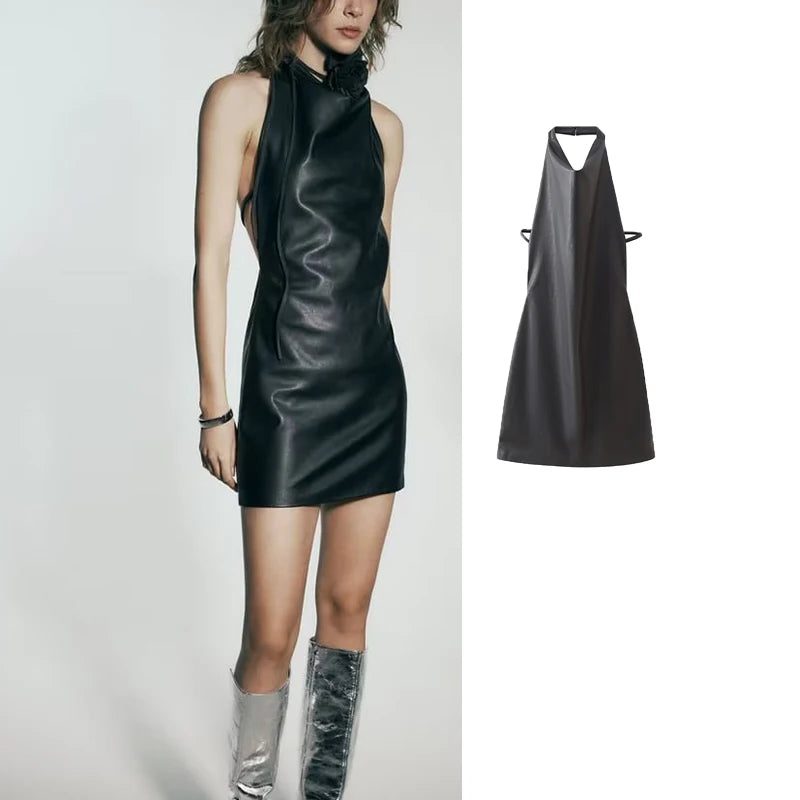 New Faux Leather Mini Dresses for Women Slip Dress Woman Sexy Backless Dress Women Autumn Party Dresses Woman