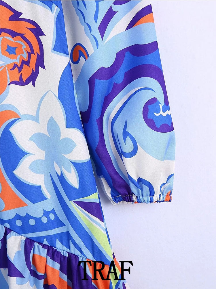 Women Printed Shirt Dress Vintage Mini Dress Woman Long Sleeve Short Summer Dresses V-Neck Casual Dresses