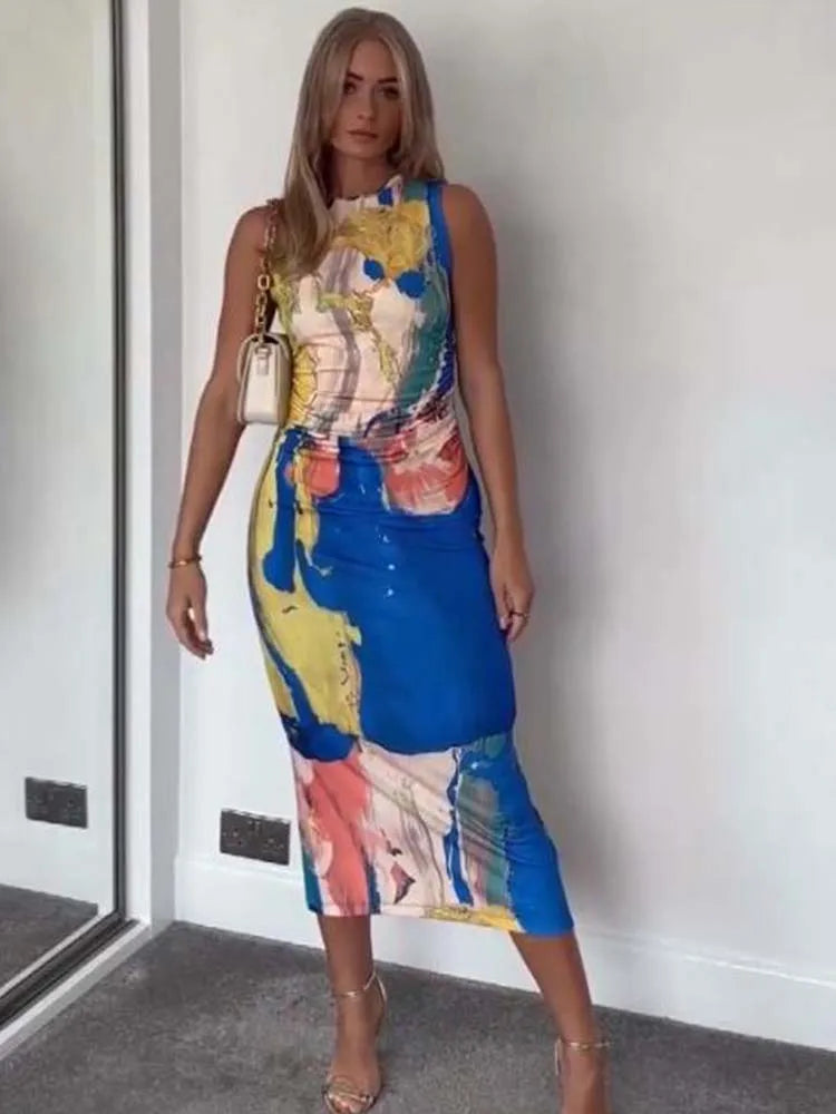 Print Tulle Long Dresses for Women Ruched Midi Dress Woman Sexy Backless Party Dresses Sleeveless Summer Dress Women