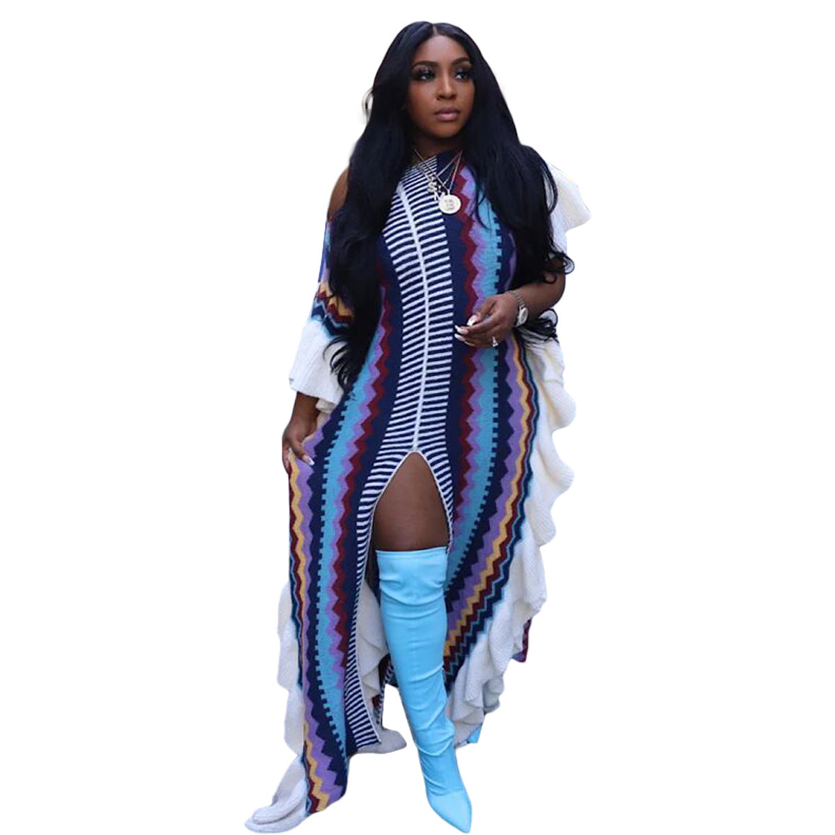 Women Knit Ribbed Clock Ruffes Side Sleeve Front Split Striped Straight Maxi Dress Vintage Fashion Vestidos Dresses