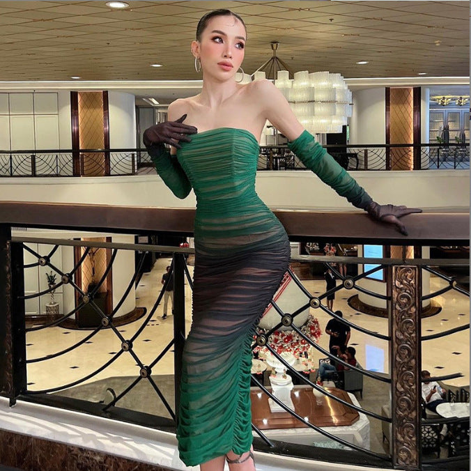 Women Gradient Color Printed Off Shoulder Sleeved Ruched Mesh Bodycon Midi Dress Autumn Vestido Sexy Party Dresses