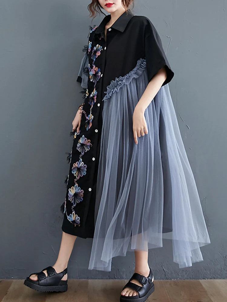 Mesh Stitching Spring Dresses Woman Trend New long Sleeve Lapel Irregular Midi Dress Female Clothing Fashion