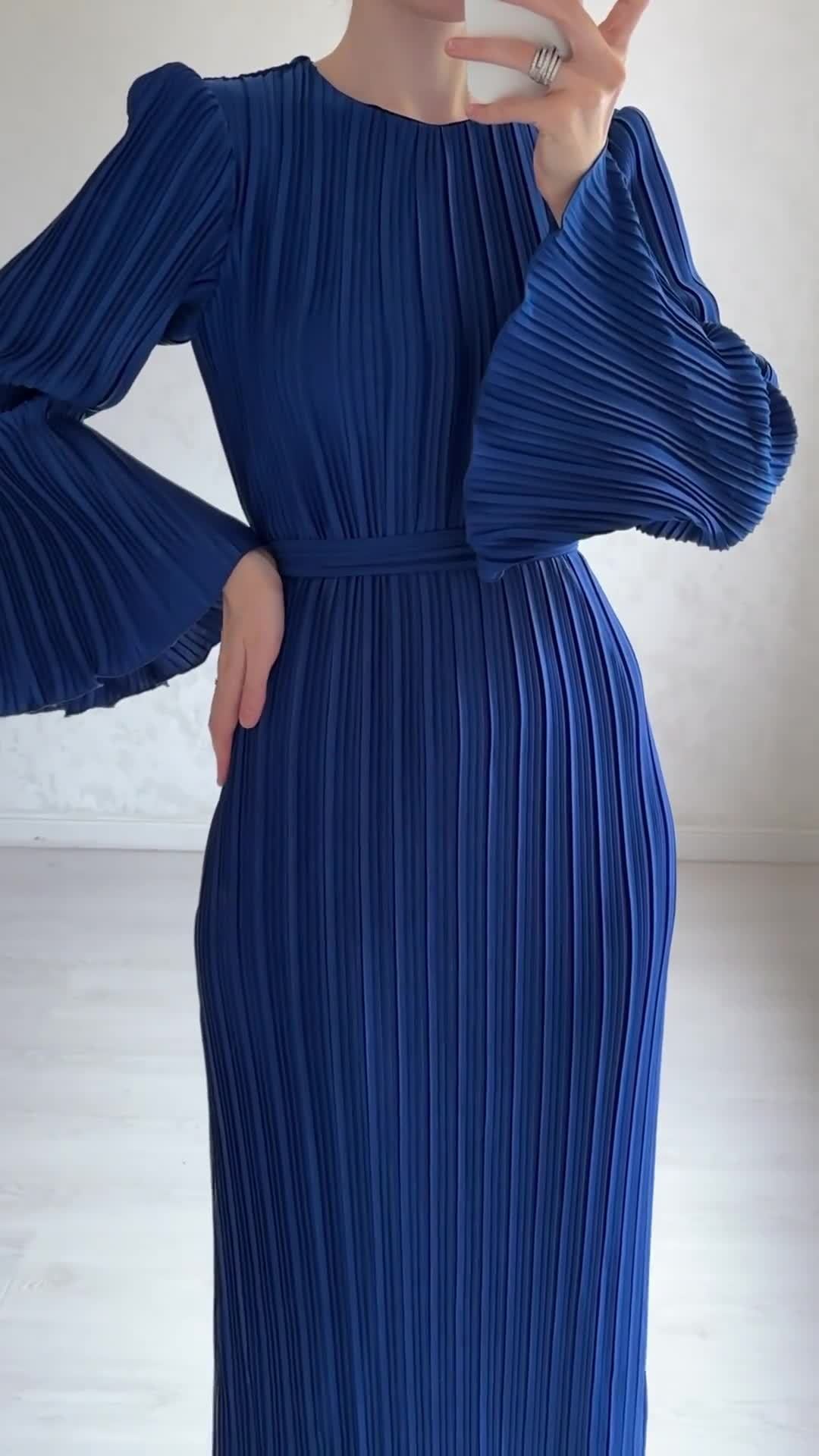 Fashion Blue O-Neck Dresses For Women Elegant Long Sleeve Lace-Up Straight Dresses Casual Solid Midi Dress Streetwear