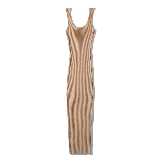 Summer Rib Knitted Stretchable Slim Midi Dress Women Sleeveless O-neck Dresses robe femme