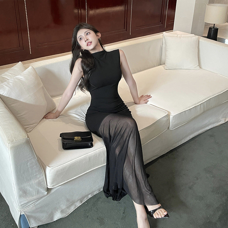 Knitted mesh slim-fit patchwork maxi dress