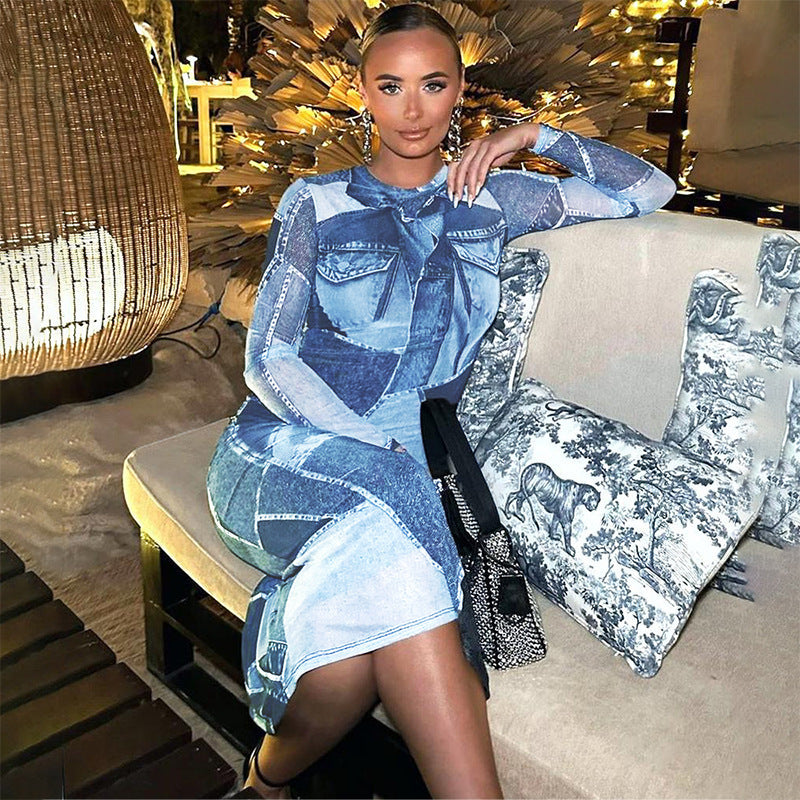 Summer Blue Denim Print Long Sleeve Maxi Dresses Vacation Outfits For Women Streetwear O Neck Bodycon Long Dress