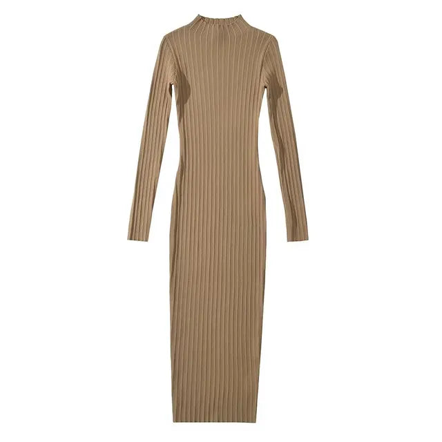 Women O-neck Long Sleeve Party Dresses Knitted 4 Colors Stretchable Slim Midi Dresses vestido feminino
