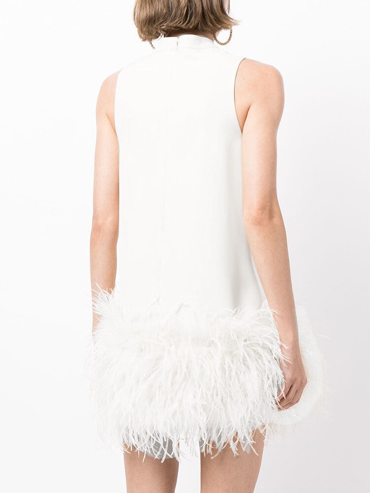 Fashion Women's Dress New Round Neck Loose Sleeveless Solid Color Spliced Feather Mini Dresses Female Autumn