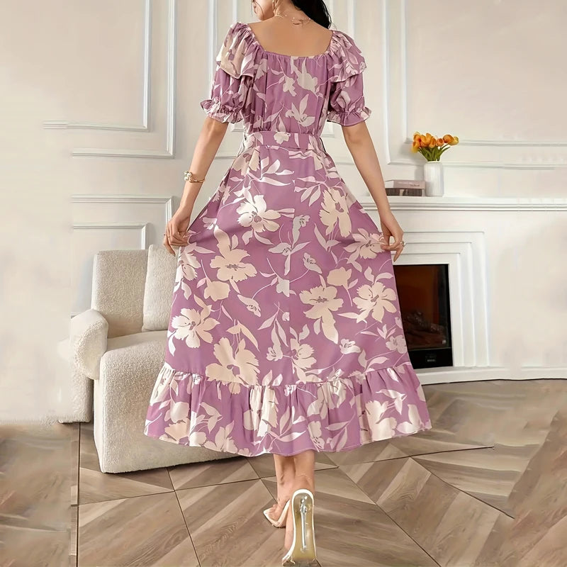 Wefads Women Long Dress Summer Elegant Casual Short Puff Sleeve Round Neck Nipped Waist Lace Up Printed Maxi Dresses For Lady