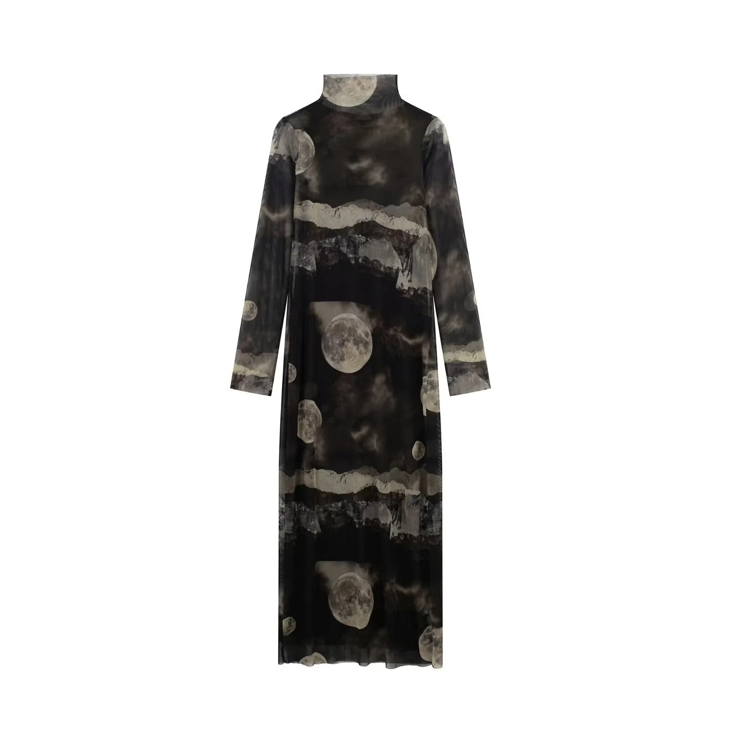 TRAF  Women Midi Dress Fashion Tulle Printed Tigh Long Dress Turtleneck Vintage Slim Long Sleeve Lady Dresses