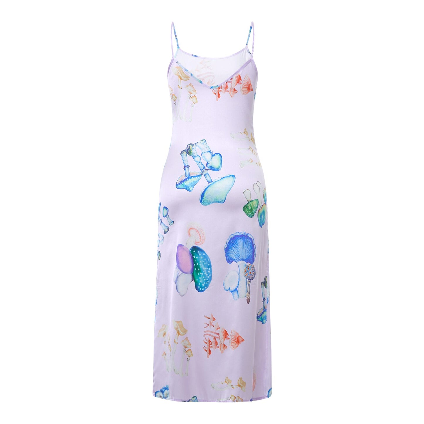 Women's Spaghetti Strap V Neck Mushroom Print Long Dress Summer Sleeveless Midi Dress Elegant Evening Party Dresses