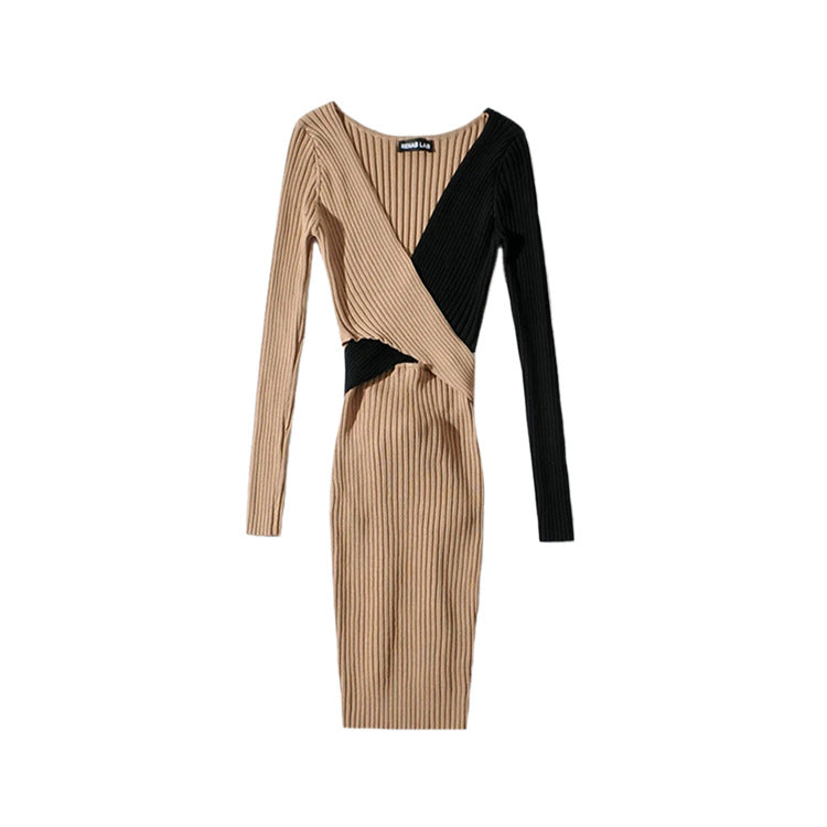 Women Khaki Patchwork Black Dress  Long Sleeve Knitted Elastic V-neck Mini Dresses Slim Dress