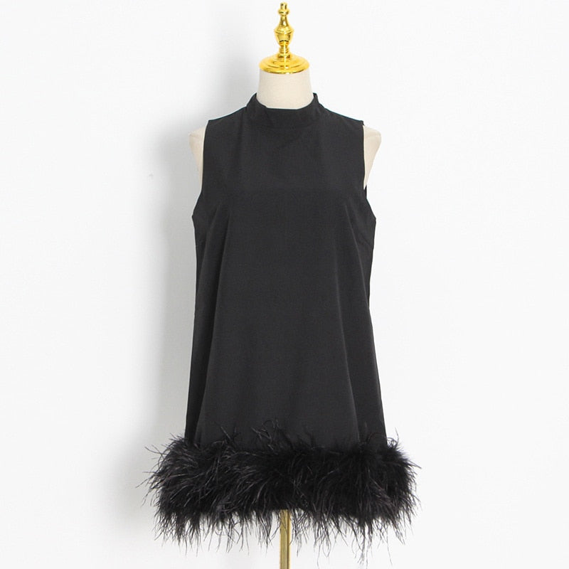 Fashion Women's Dress New Round Neck Loose Sleeveless Solid Color Spliced Feather Mini Dresses Female Autumn
