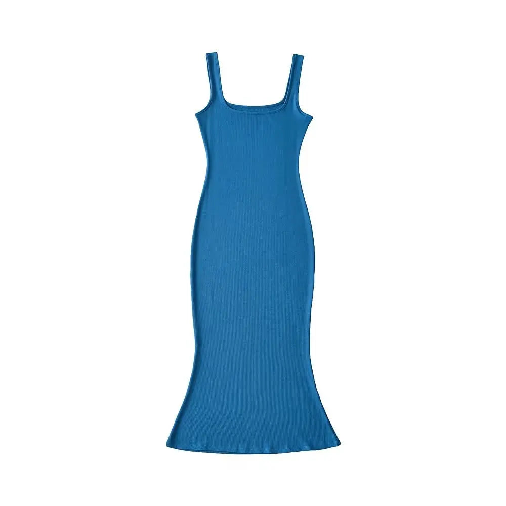Summer  Midi Mermaid Dress Women Sleeveless Square Collar Stretchable Slim Dresses