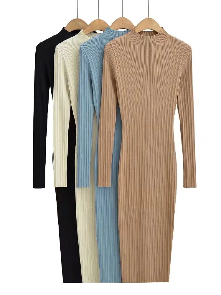 Women O-neck Long Sleeve Party Dresses Knitted 4 Colors Stretchable Slim Midi Dresses vestido feminino