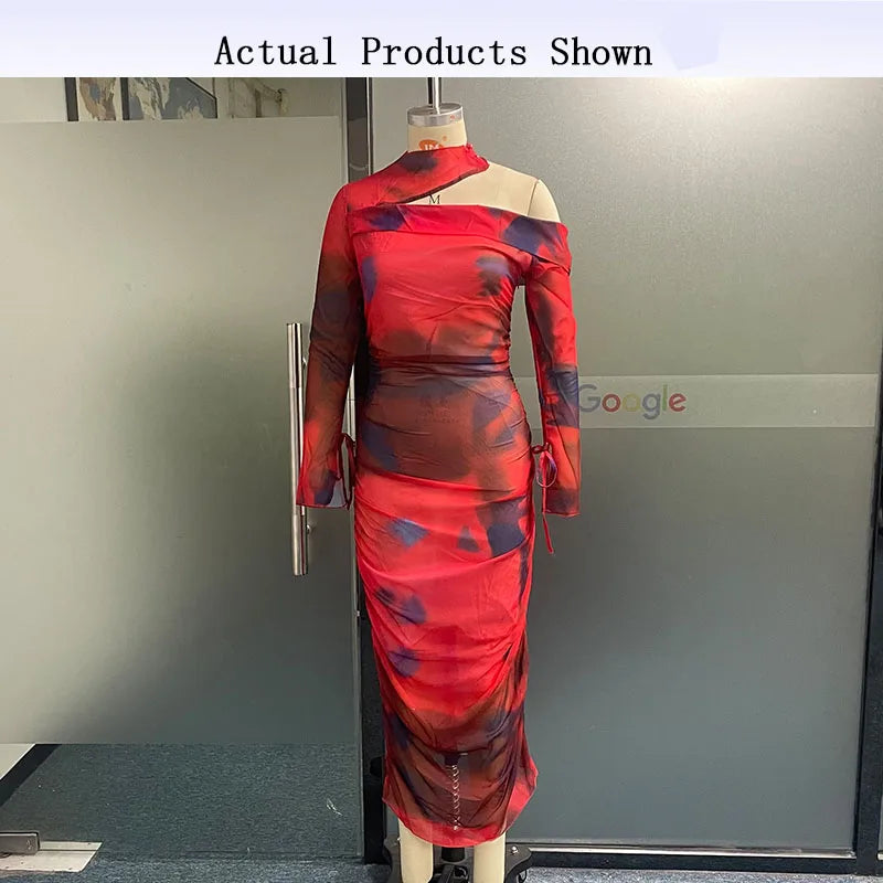 Wefads Women Maxi Dress Fashion Office Printed Long Sleeve Hollow Out Round Neck Nipped Waist Slim Party Dresses Streetwear