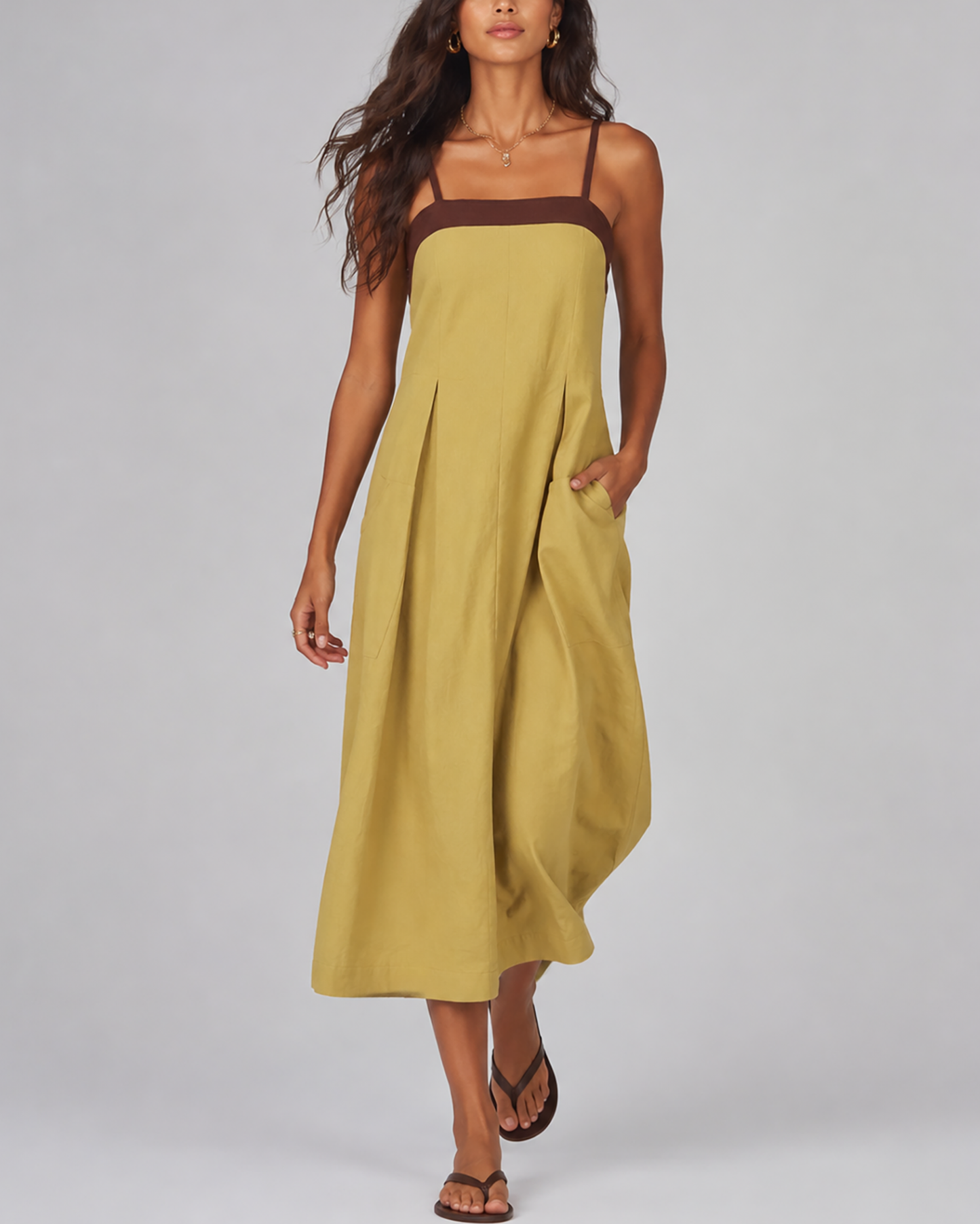 Women's fashion color-blocked loose large pocket spaghetti strap maxi dress