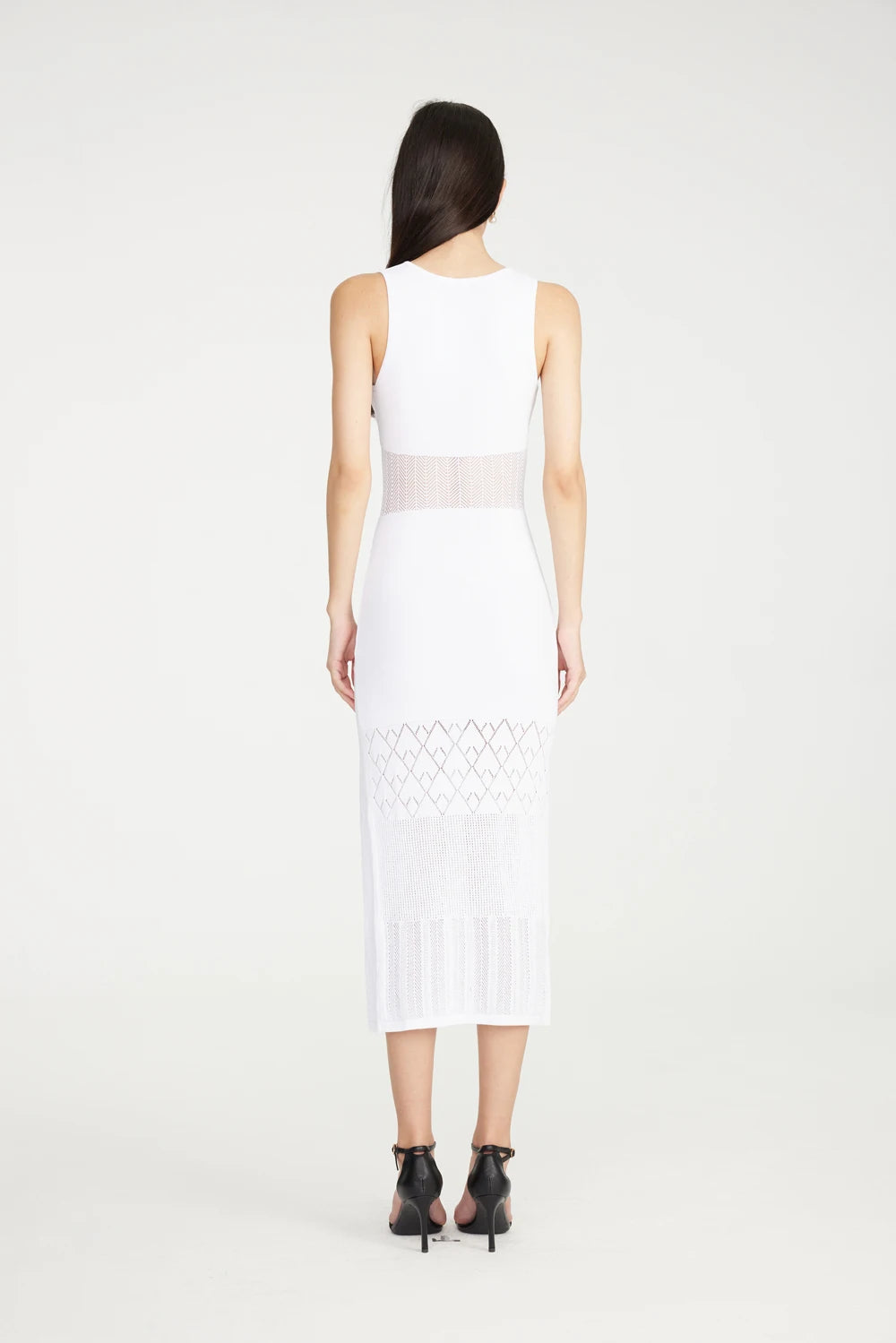Summer V-neck Sleeveless Hollow Out Knitted Dress Women Split  Stretchable Slim Midi Dresses