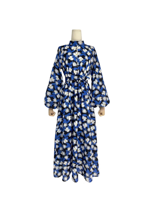 Print Floral Dress For Women Stand Collar Lantern Sleeve High Waist Colorblock Vintage Midi Dresses Female Clothing