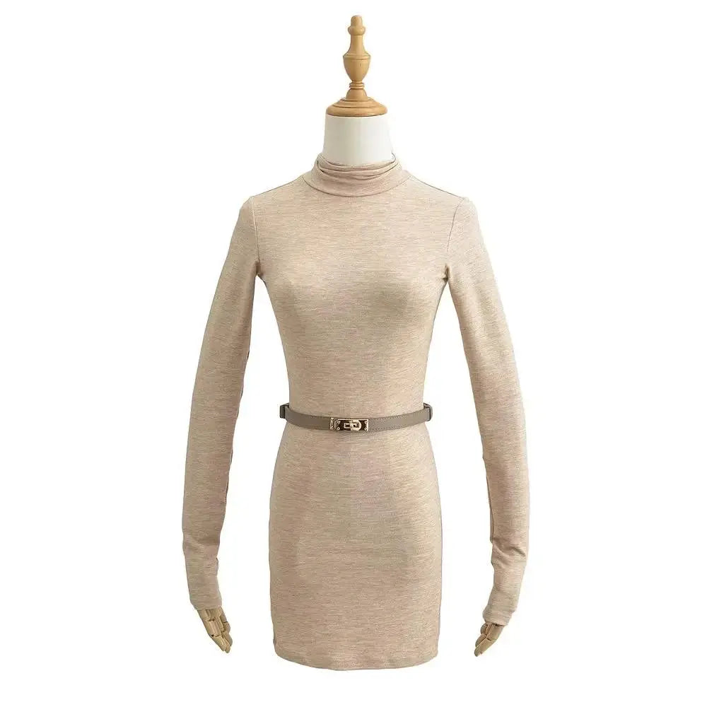 Women Turtleneck Long Sleeve Mini Dress With Sashes 5 Colors Elastic Slim Dresses