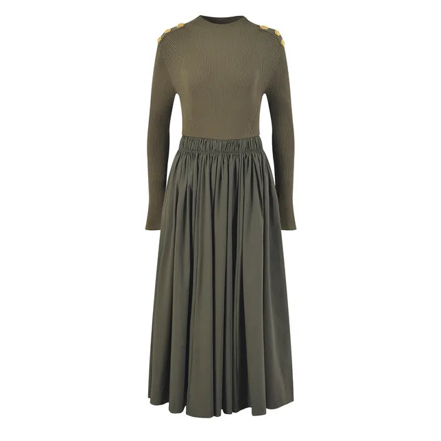 Luxury Gold Buttons Knitted Sweater Long Dresses for Women Vintage Elegant Long Sleeve Maxi Dress Autumn Winter Clothes