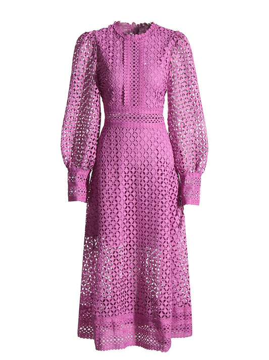Embroidery Cut Out Midi Dress For Women Round Neck Long Sleeve High Waist Solid Minimalist Dresses Female Clothing