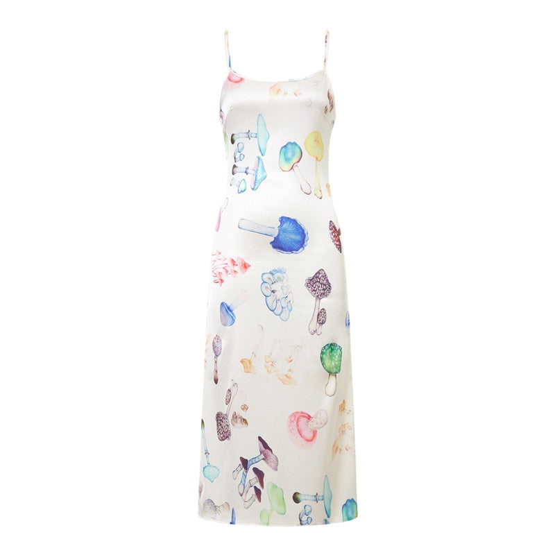 Women's Spaghetti Strap V Neck Mushroom Print Long Dress Summer Sleeveless Midi Dress Elegant Evening Party Dresses