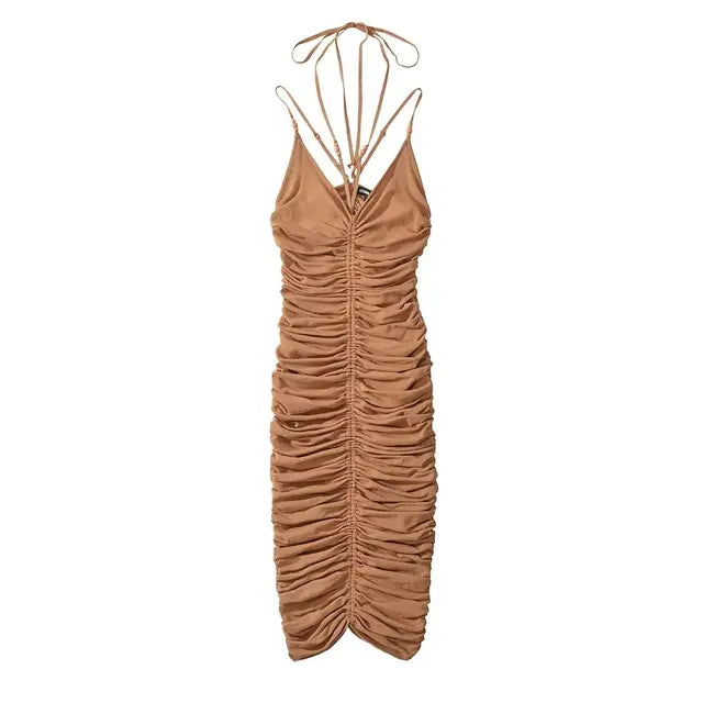 Women Beading Halter Midi Dress Summer Sleeveless Knitted Stretchable Elegant Design Dresses