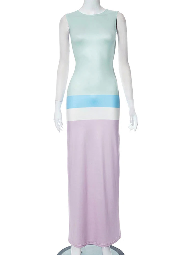 Contrast Sleeveless Bodycon Long Robes Female O-neck Hip Package Fashion Dresses Summer Ladies Slim Maxi Streetwear Dress