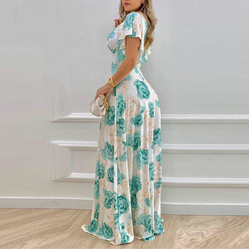Sexy Ruffle Sleeve Printed Maxi Dress