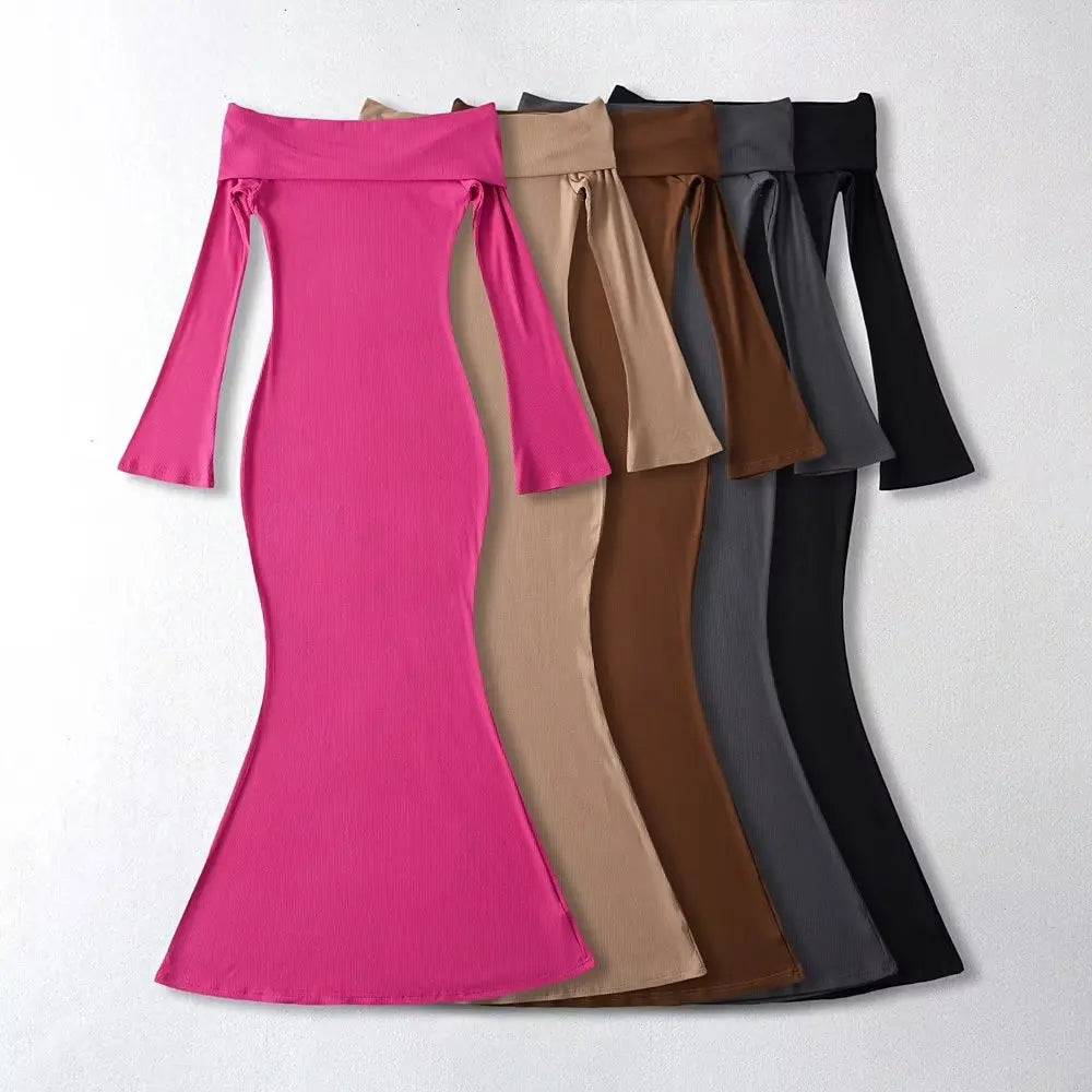 Women Off Shoulder Knitted Dress Long Sleeve Slim Elegant Stretchable 5 Colors Midi Dresses