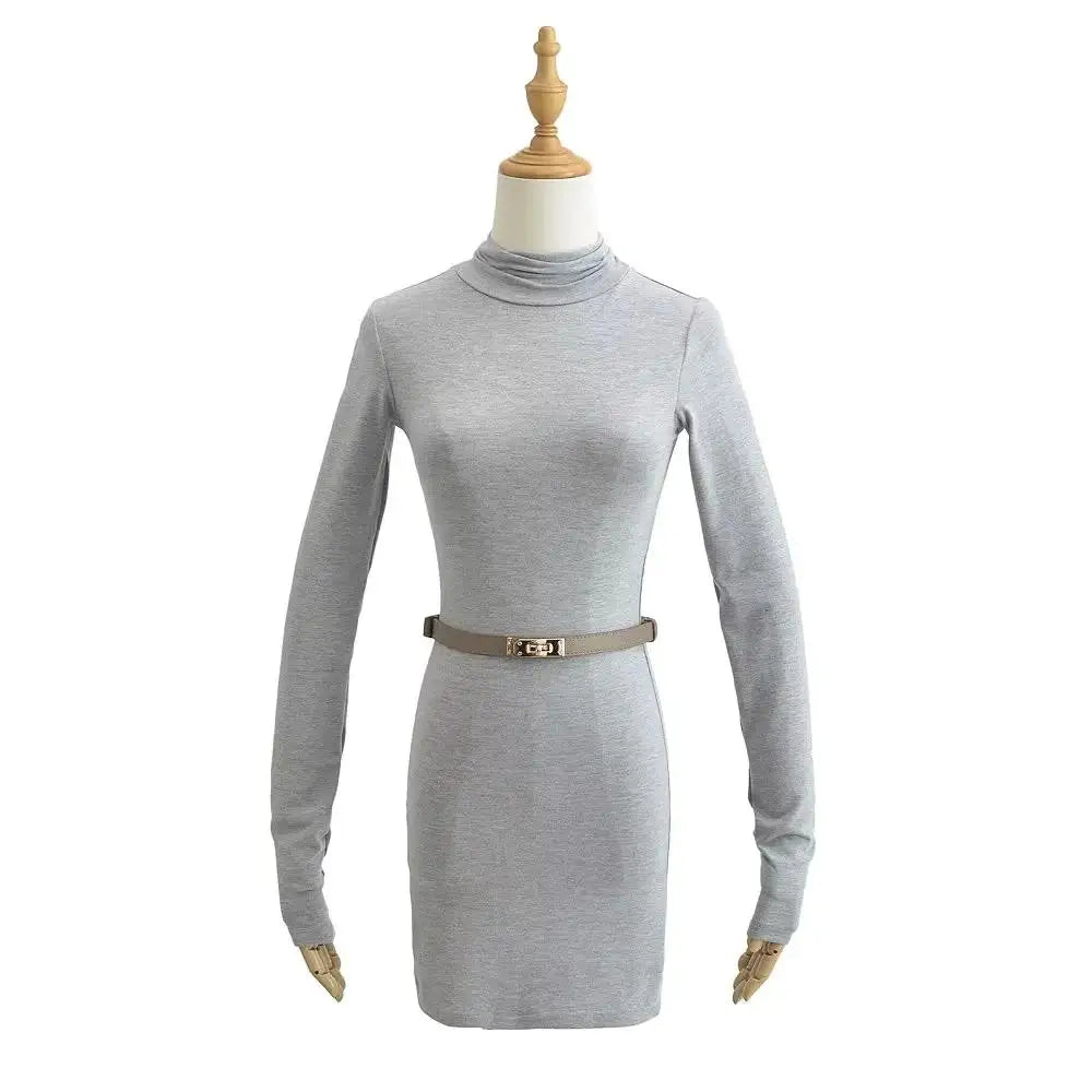 Women Turtleneck Long Sleeve Mini Dress With Sashes 5 Colors Elastic Slim Dresses