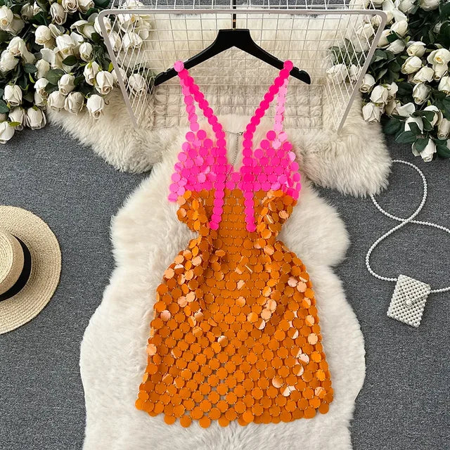 Strap Dress for Women  Summer New Hollow Out Spliced Dresses Fashion V Neck A-Line Mini Vestidos