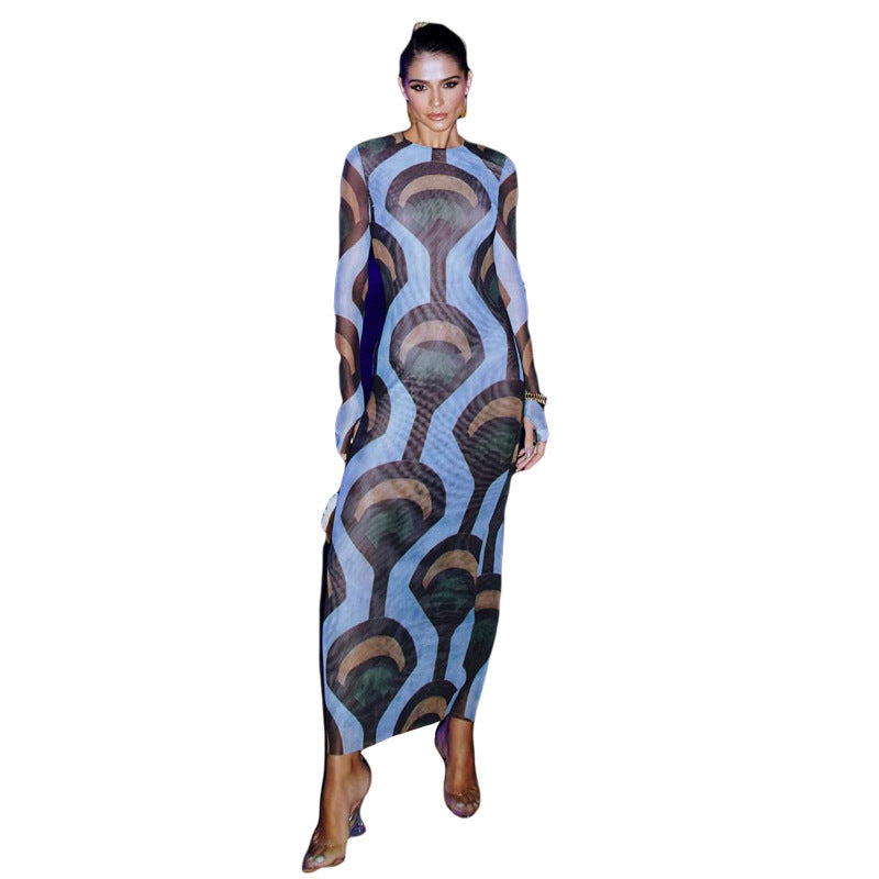 Women's Fashion Color Match Print Long Sleeve Dress Lady Elegant Round Neck Sheath Maxi Dresses Chic Female Beach Vacation Robes